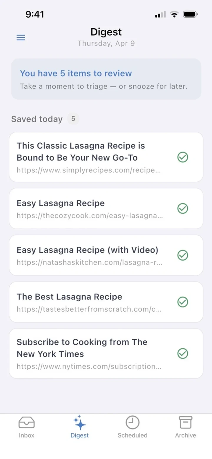 Refloat Digest tab showing saved links ready to review