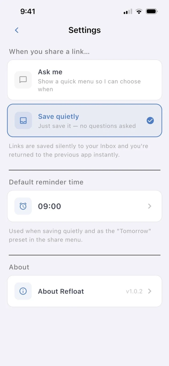 Refloat Settings showing default reminder time for resurfacing saves