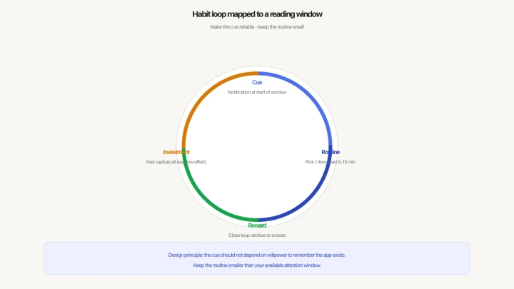 Habit loop diagram: cue, routine, reward, and investment for a reading window digest