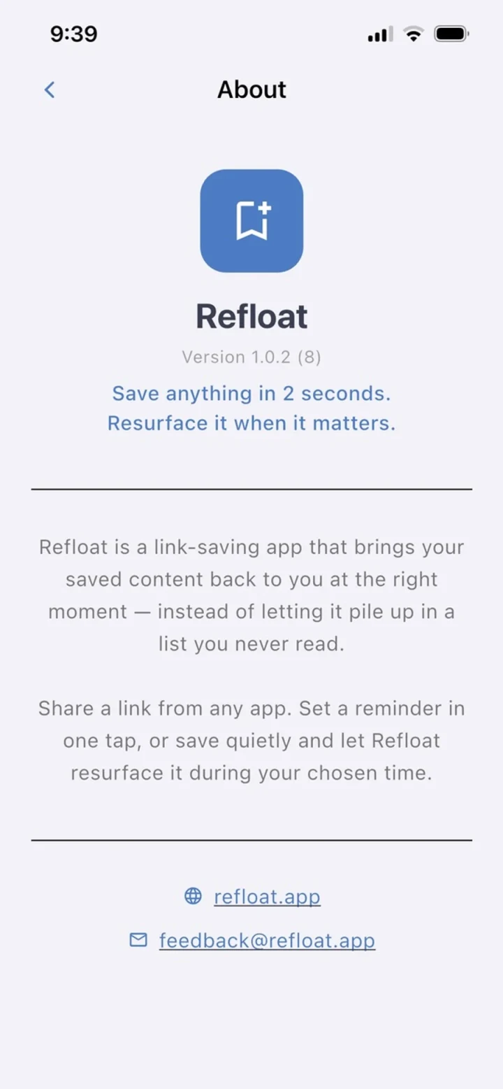 Refloat About screen describing save and resurfacing behavior